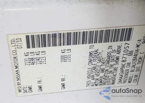 2010 Nissan Maxima 3.5 Sv из США, поврежденный, VIN 1N4AA5AP9AC871057